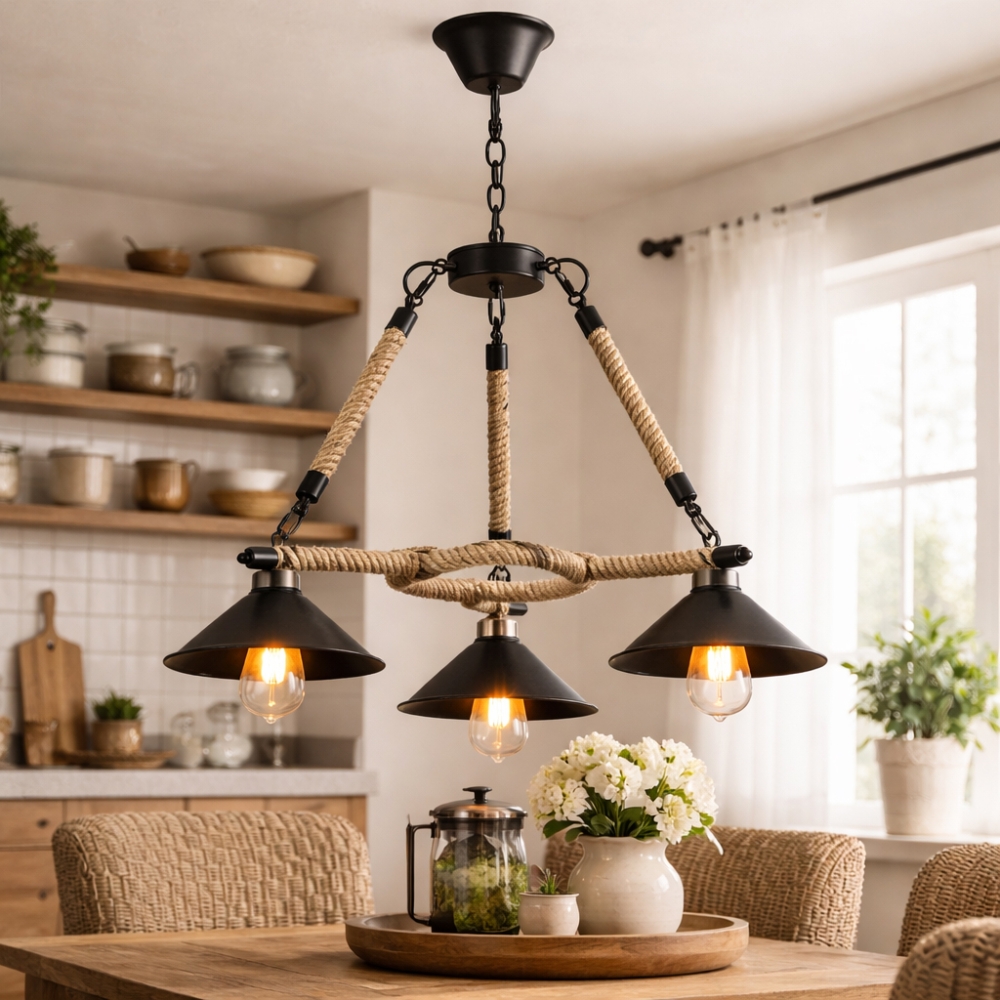 Lustră rustică industrială cu sfoară și metal, 3 becuri E27, 60x100 cm, model ZM7001-3