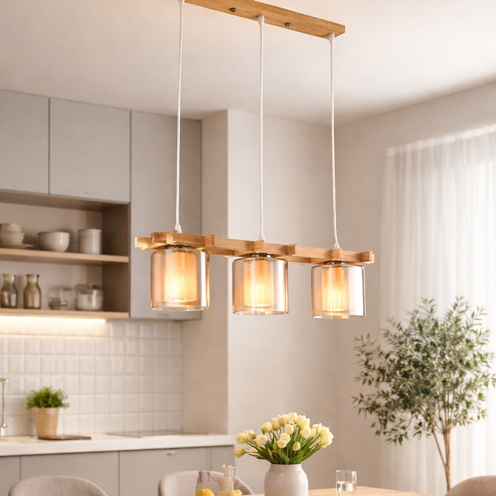 Lustră suspendată din lemn cu 3 pendule din sticlă, E27, 50x100 cm, model HY-C5120/4