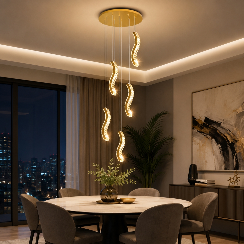Lustră suspendată LED Snake 120W, 5 Surse LED, Telecomandă, Dimabilă, Auriu, LT361-5