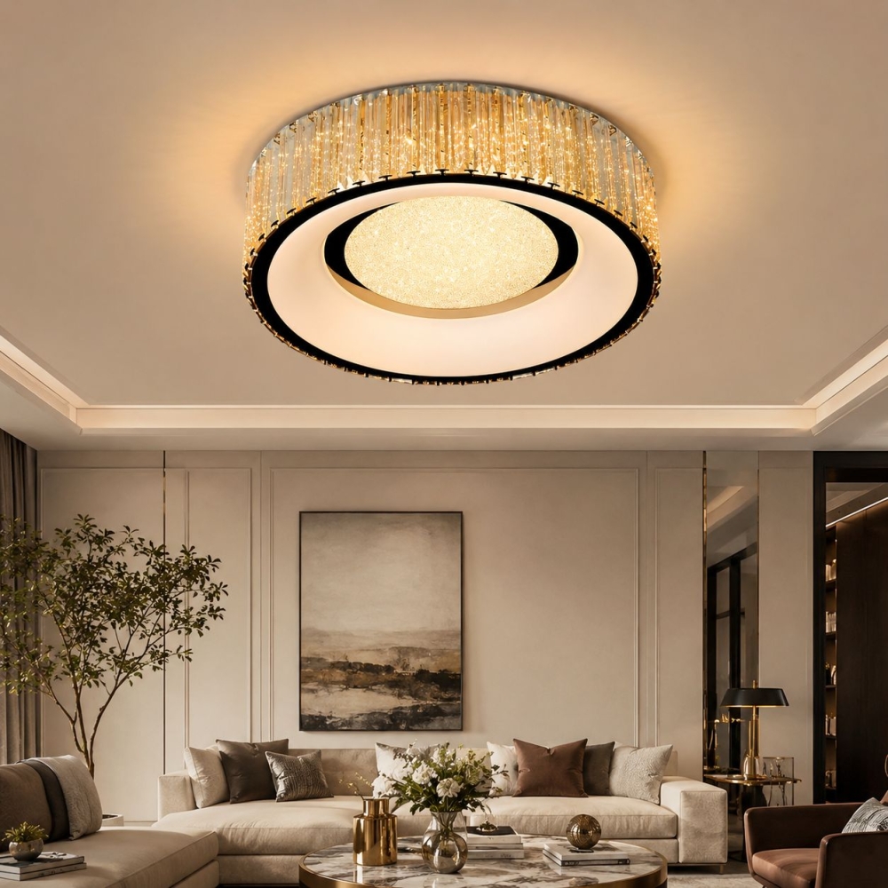 Lustră LED aplicată Aurora 112W (56Wx2), telecomandă, rotundă 500mm, cristal K9
