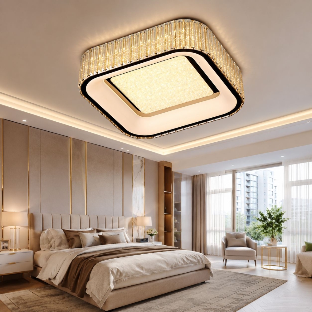 Lustră aplicată LED cristal Aurora 128W (64Wx2), telecomandă, 500x500, PRO-A6158