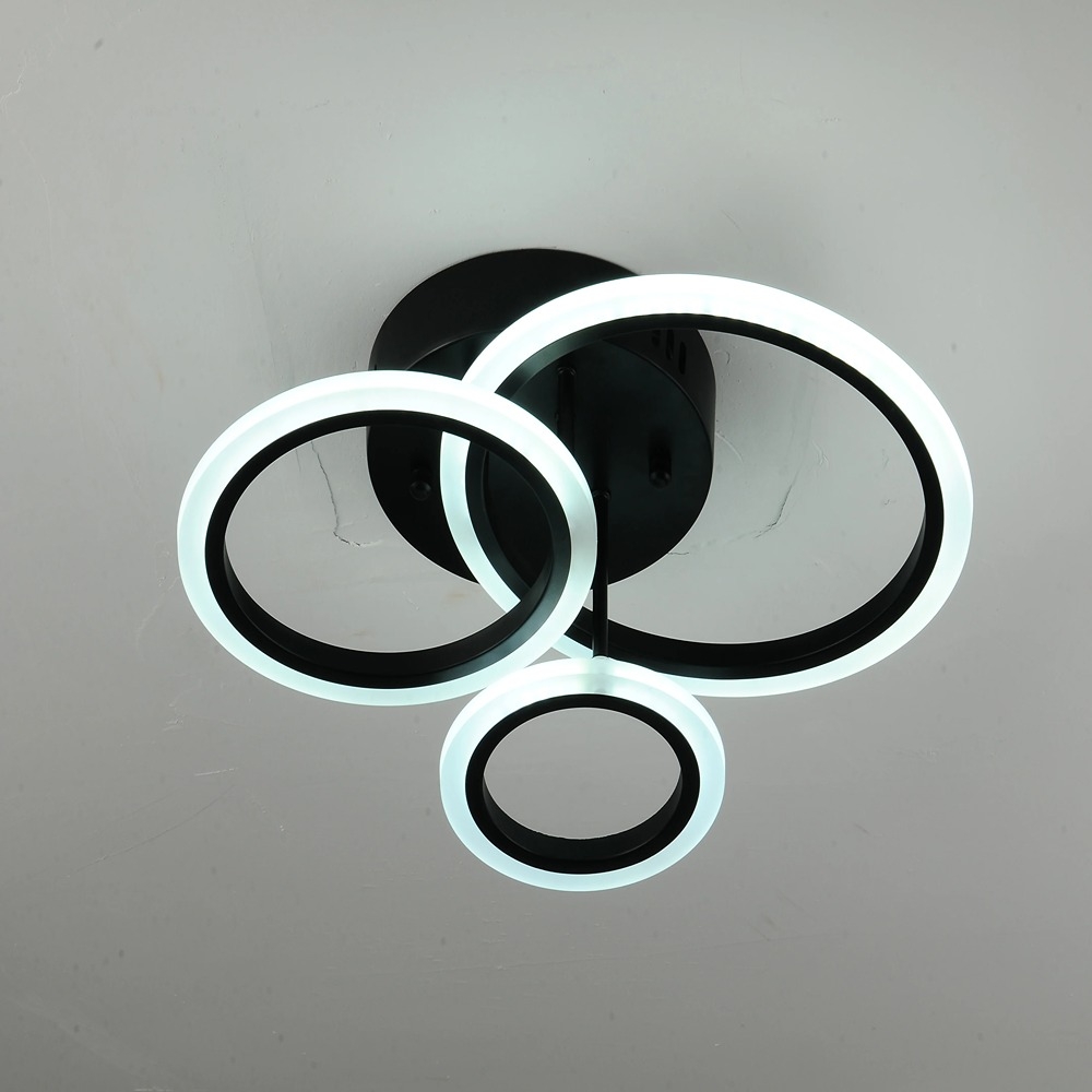 Lustra LED, Cu 3 Cercuri Si Telecomanda, 3 Tipuri De Lumina, 66W, Negru