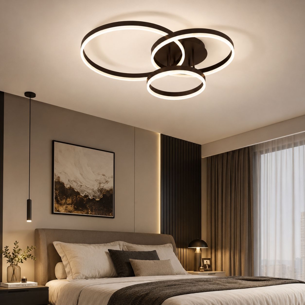 Lustra LED cu telecomanda Armenos, 154W, 84 x 84 x 18 cm, maro, dimabila, 3 lumini