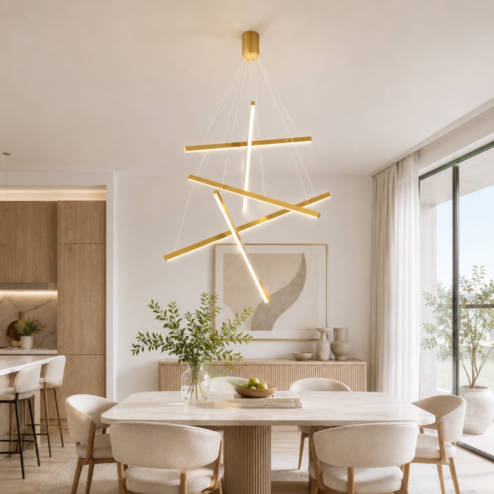 Lustra LED Line cu Telecomandă, 5 Surse de Lumină, 3000K/4000K/6000K, Auriu, D100 x H200 cm