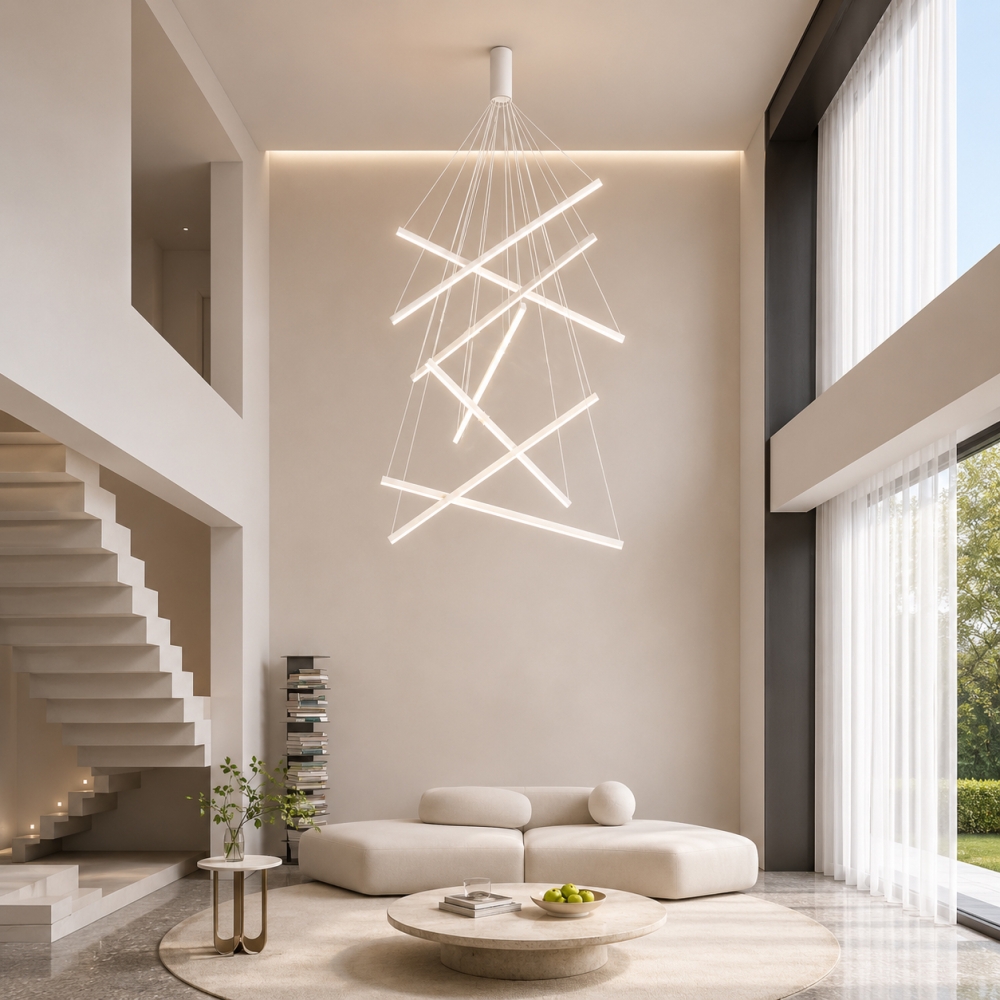 Lustra LED Line cu Telecomandă, 7 Surse de Lumină, 3000K/4000K/6000K, Alb, D100 x H200 cm