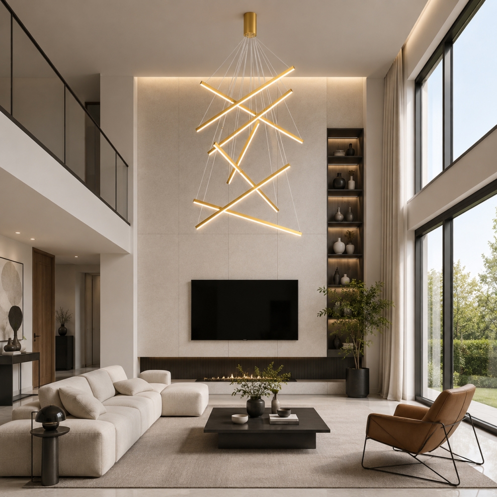 Lustra LED Line cu Telecomandă, 7 Surse de Lumină, 3000K/4000K/6000K, Auriu, D100 x H200 cm