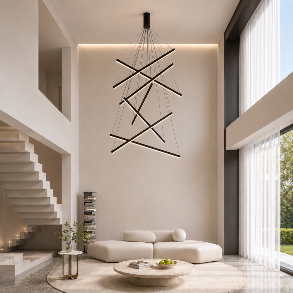 Lustra LED Line cu Telecomandă, 7 Surse de Lumină, 3000K/4000K/6000K, Negru, D100 x H200 cm