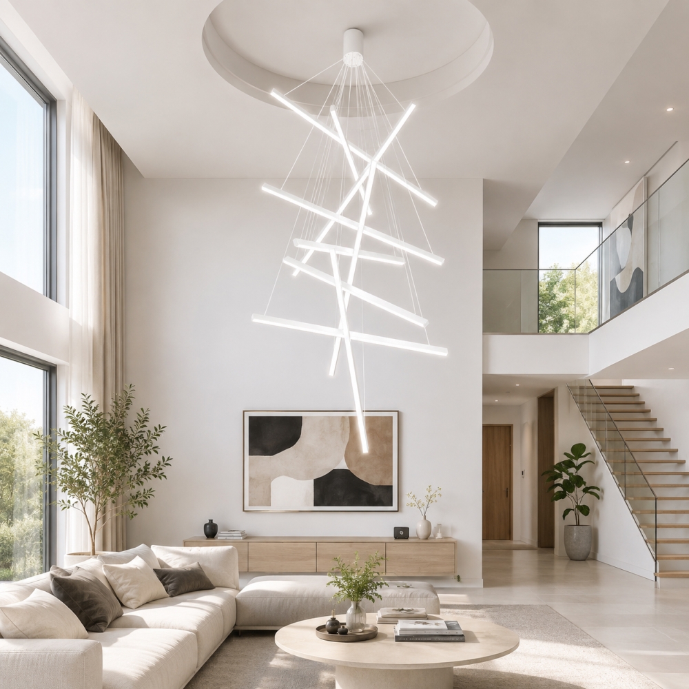 Lustra LED Line cu Telecomandă, 9 Surse de Lumină, 3000K/4000K/6000K, Alb, D100 x H300 cm
