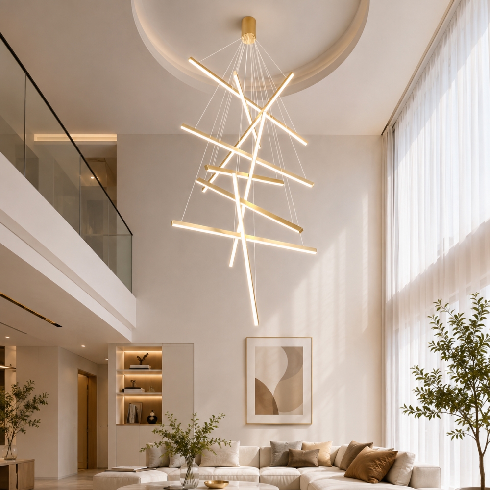 Lustra LED Line cu Telecomandă, 9 Surse de Lumină, 3000K/4000K/6000K, Auriu, D100 x H300 cm