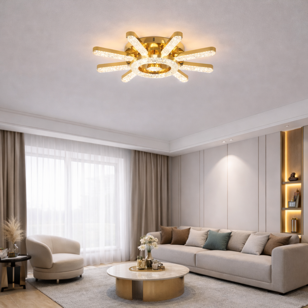 Lustra LED telecomanda 120W ACR-8091 Aurie, design Crystal Star, lumina reglabila 3000K-6500K, 11 brate