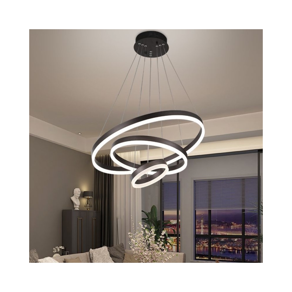 Lustra LED cu telecomanda, 3 cercuri negre, 144W, 60 cm, 3 tipuri de lumina, FSL-2557-3BK