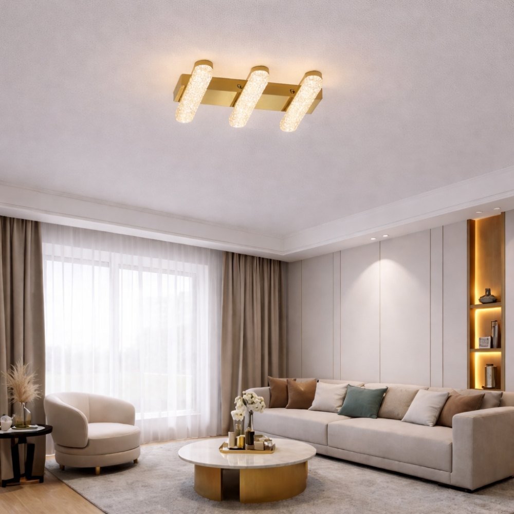 Lustra LED telecomanda 30W ACR-8095 Aurie, 3 brate Crystal Bar, lumina reglabila 3000K-6500K