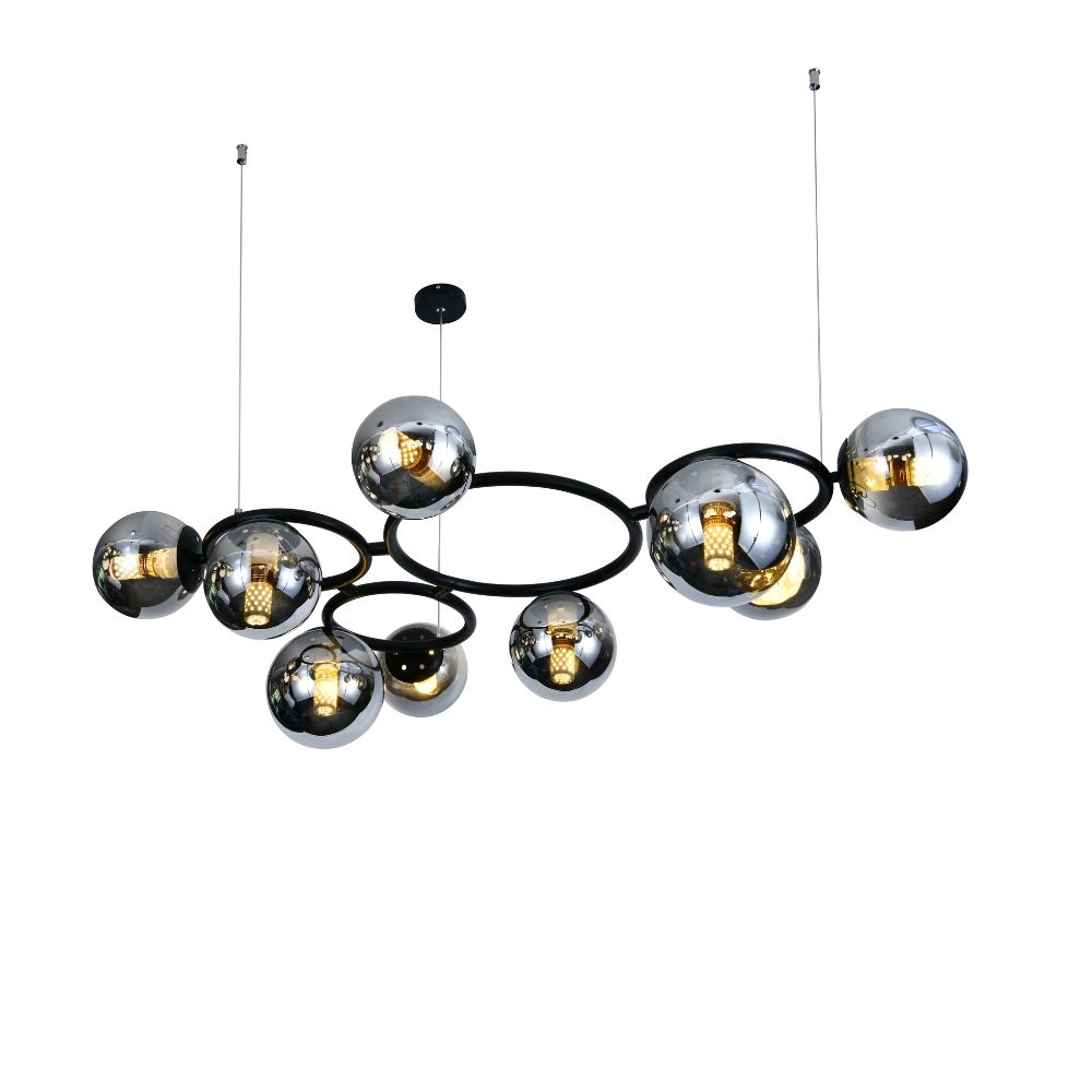 Lustra suspendata RF-N6805-9, 9 × E27, cu abajururi din sticla, negru/crom, inaltime reglabila