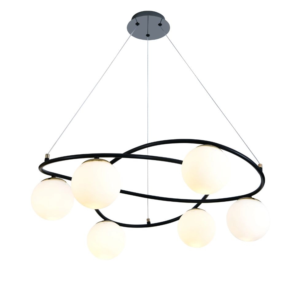 Lustra suspendata RF-N6806-6, 6 × E27, cu abajururi din sticla, negru/alb, inaltime reglabila