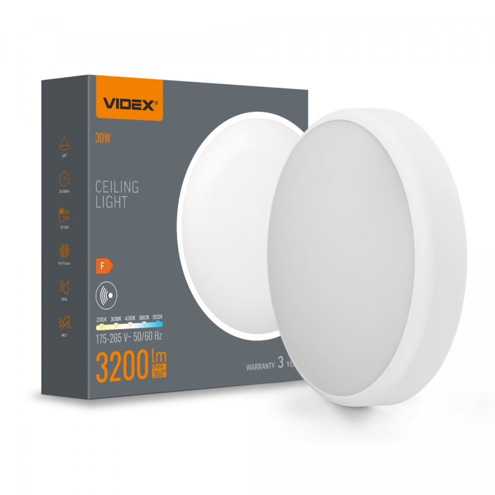 Plafoniera LED cu senzor miscare, 30W, 3200lm, 5CCT, IP44, alba, VIDEX VL-CLR-300-2