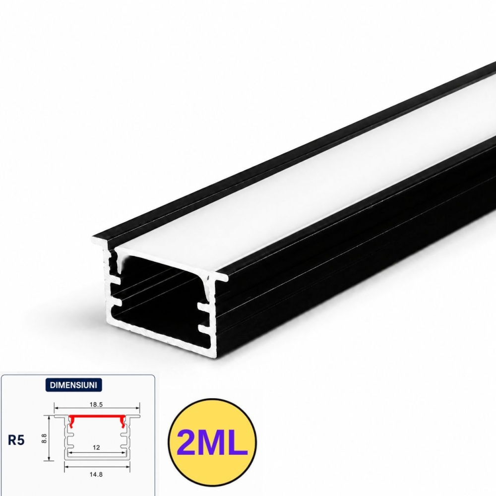 Profil LED incastrat, 18.5x8.8 mm, aluminiu negru, 2M, PROFILE-R5, cu dispersor alb
