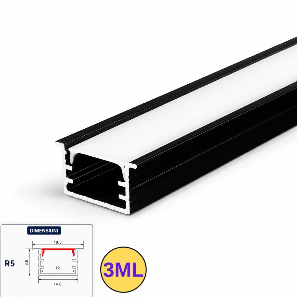 Profil LED incastrat, 18.5x8.8 mm, aluminiu negru, 3M, PROFILE-R5, cu dispersor alb