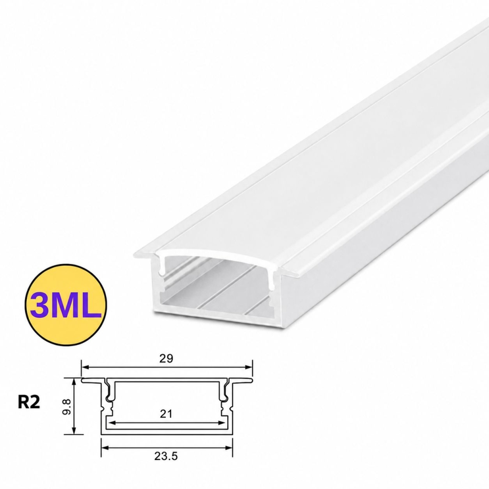 Profil LED incastrat, 29 mm latime, aluminiu argintiu, 3M, PROFILE-R2, pentru banda LED pana la 21 mm