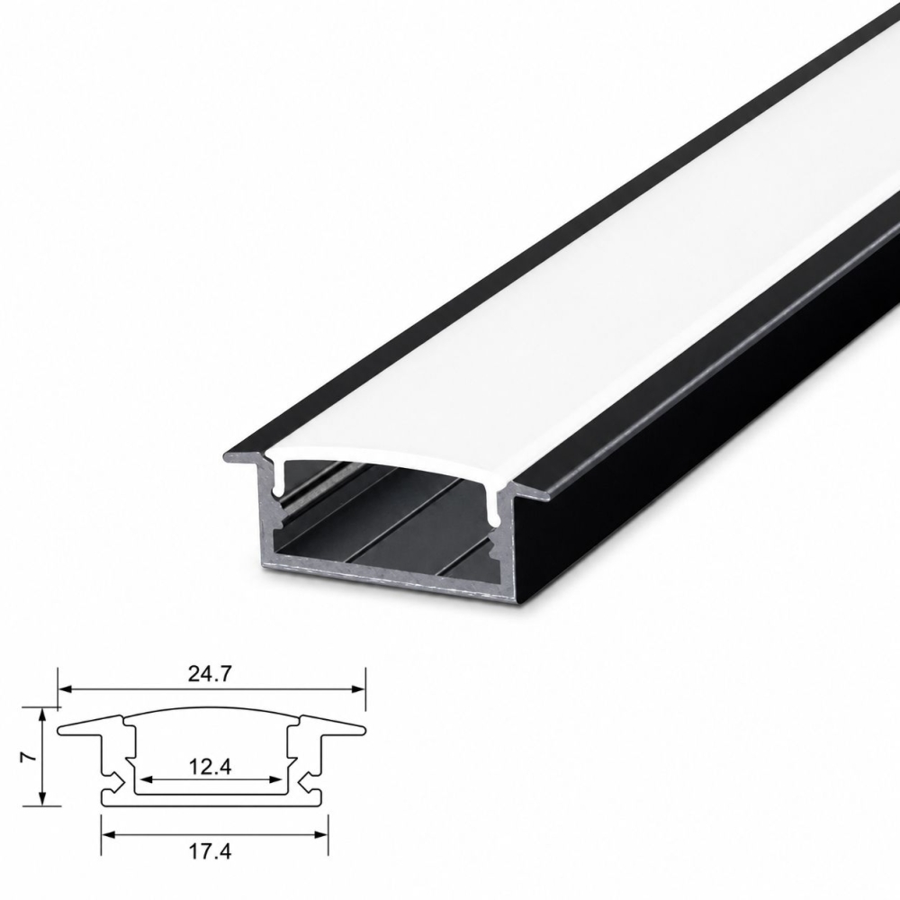 Profil LED incastrat aluminiu, 24.7x17.4x7mm, PROFILE-R1 negru 2M, dispersor alb