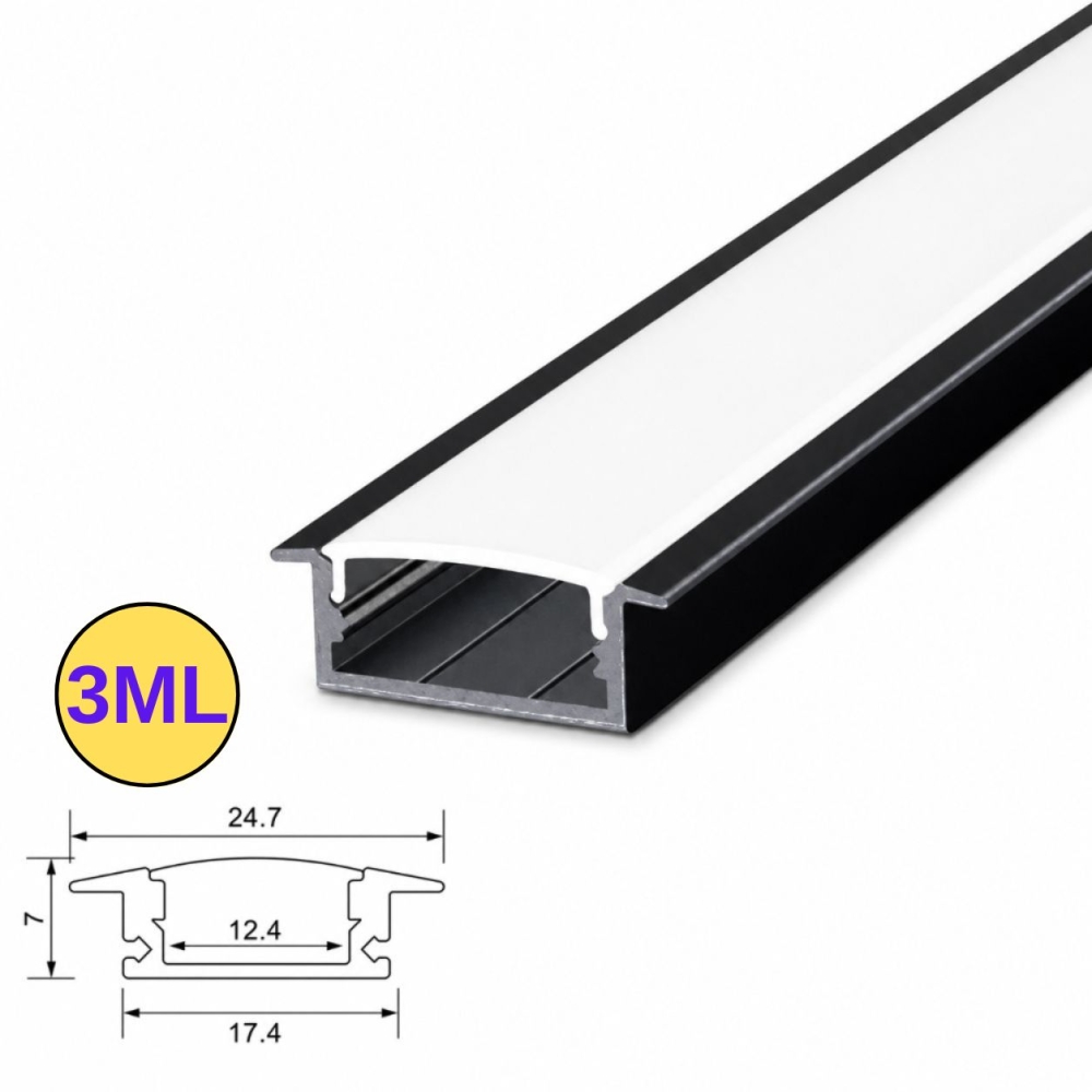 Profil LED incastrat, 24.19x6.9 mm, aluminiu negru, 3M, PROFILE-R1, cu dispersor alb