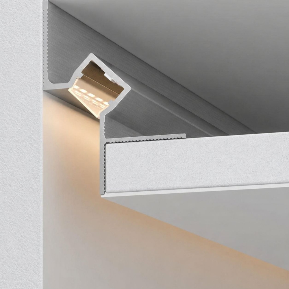 Profil Shadow Gap LED Aluminiu 2M, Canal 15mm, Unghi 45°, Dispersor Opal, WALL-GLOW 45
