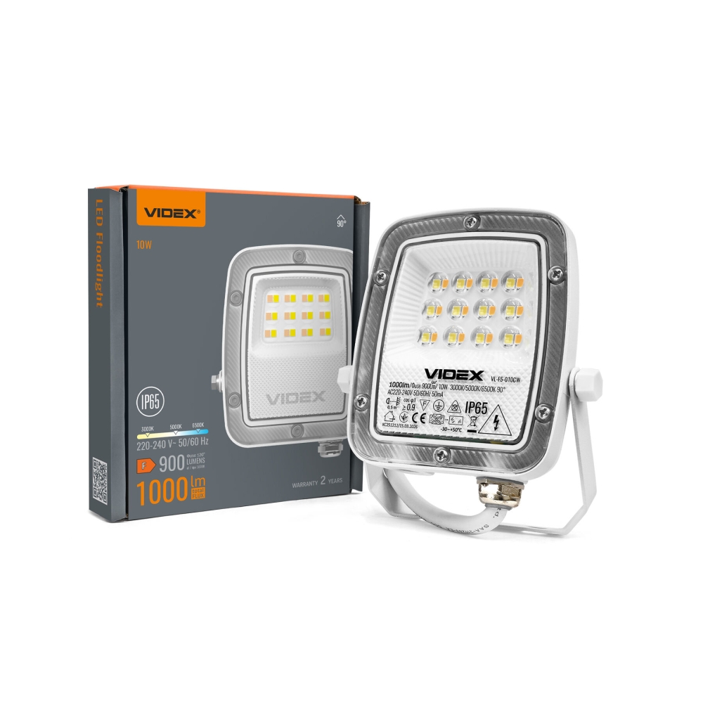 Proiector LED exterior VIDEX F5, 10W, 1000 lm, CCT3, 3000K/5000K/6500K, IP65, alb