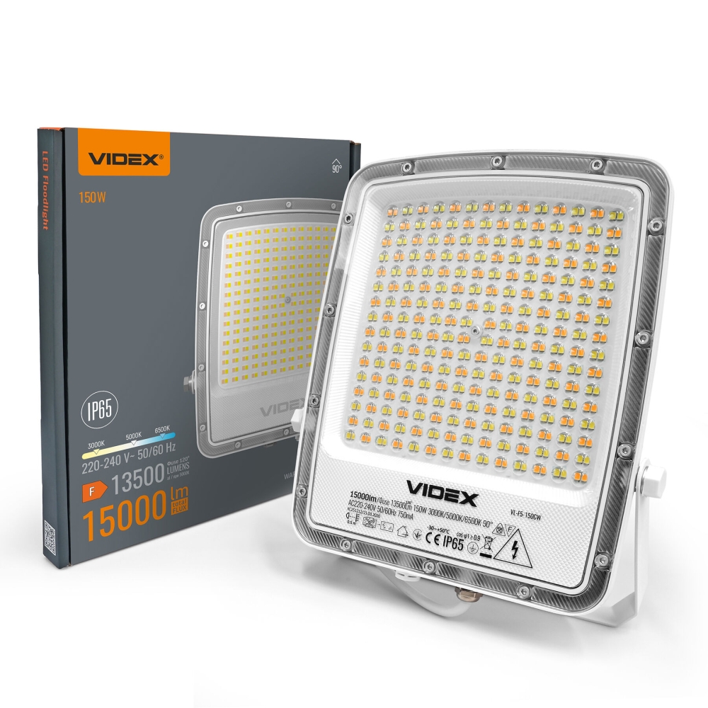 Proiector LED exterior VIDEX F5, 150W, 15000 lm, CCT3, 3000K/5000K/6500K, IP65, alb