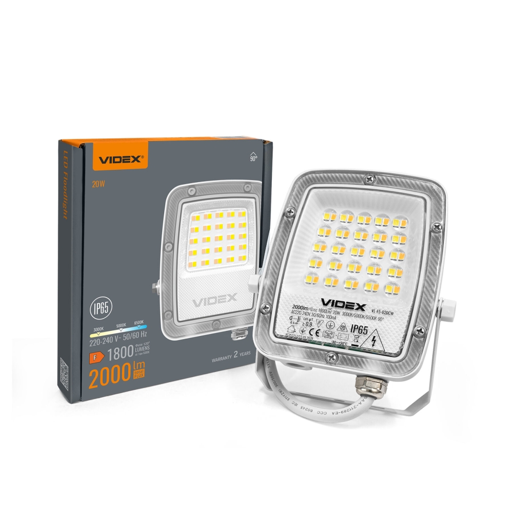 Proiector LED exterior VIDEX F5, 20W, 2000 lm, CCT3, 3000K/5000K/6500K, IP65, alb