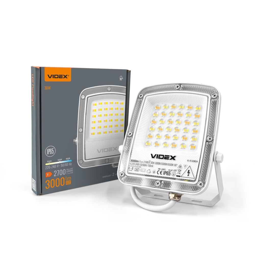 Proiector LED exterior VIDEX F5, 30W, 3000 lm, CCT3, 3000K/5000K/6500K, IP65, alb