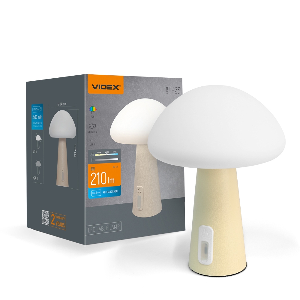 Veioza LED reincarcabila VIDEX, lampa de birou tip ciuperca, 4W, 210 lm, CCT 3000K/4500K/6500K + RGB, IP44, bej