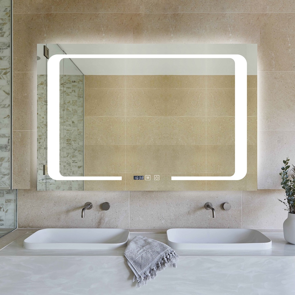 Camila Oglinda Baie 90X65 Led si Dezaburire, cu Senzor Tactil si Ceas, Touch
