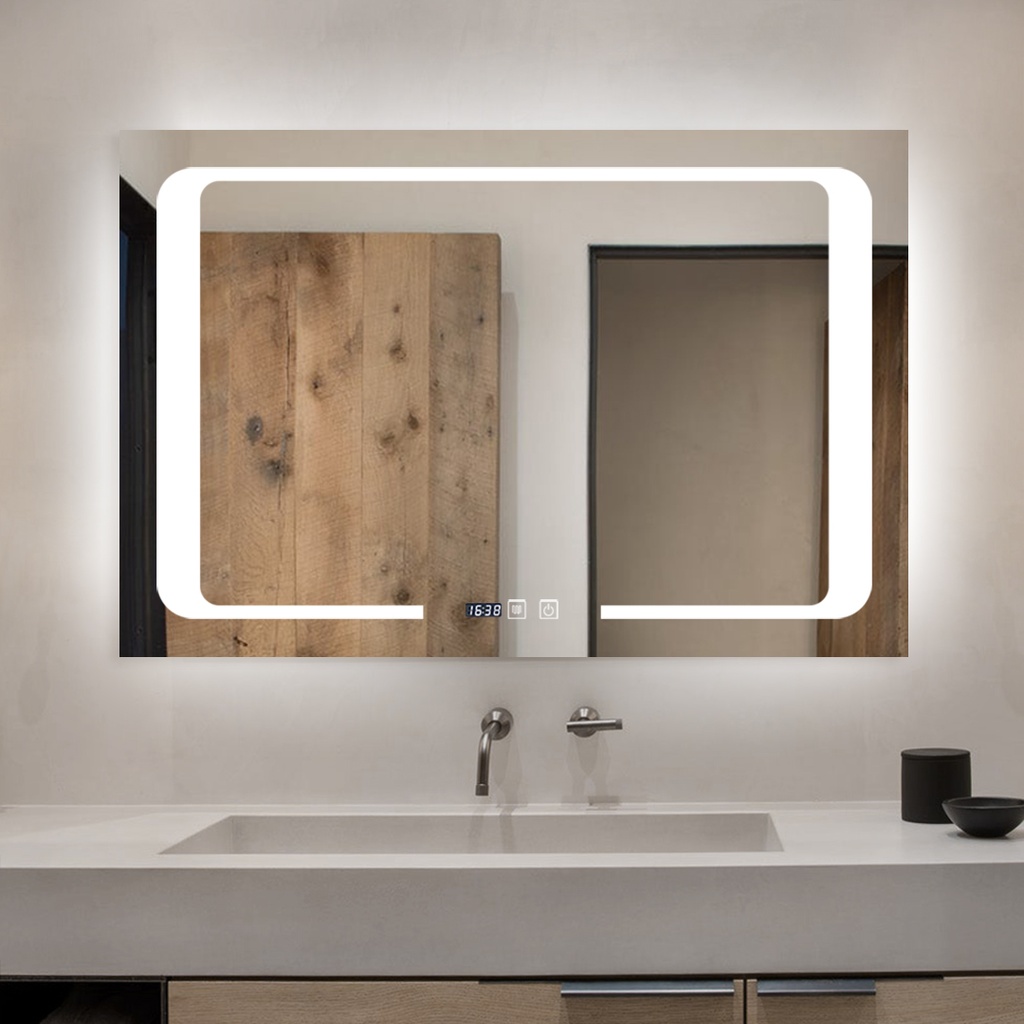 Camila Oglinda Baie 90X65 Led si Dezaburire, cu Senzor Tactil si Ceas, Touch