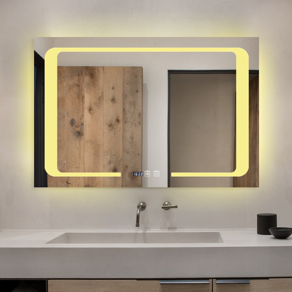 Camila Oglinda Baie 90X65 Led si Dezaburire, cu Senzor Tactil si Ceas, Touch