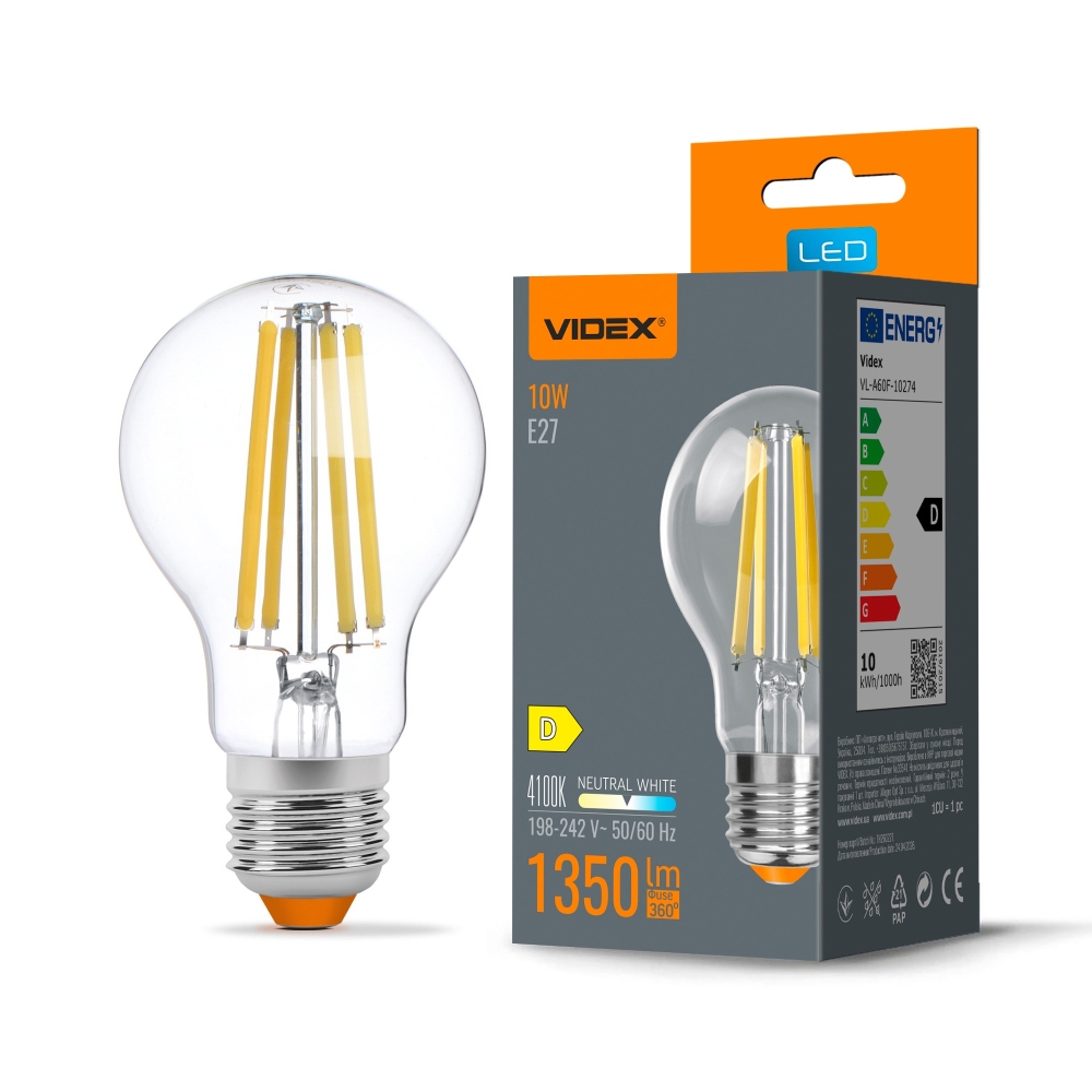 Bec LED filament VIDEX A60, E27, 10W, 1350 lm, 4100K, lumina neutra, VL-A60F-10274