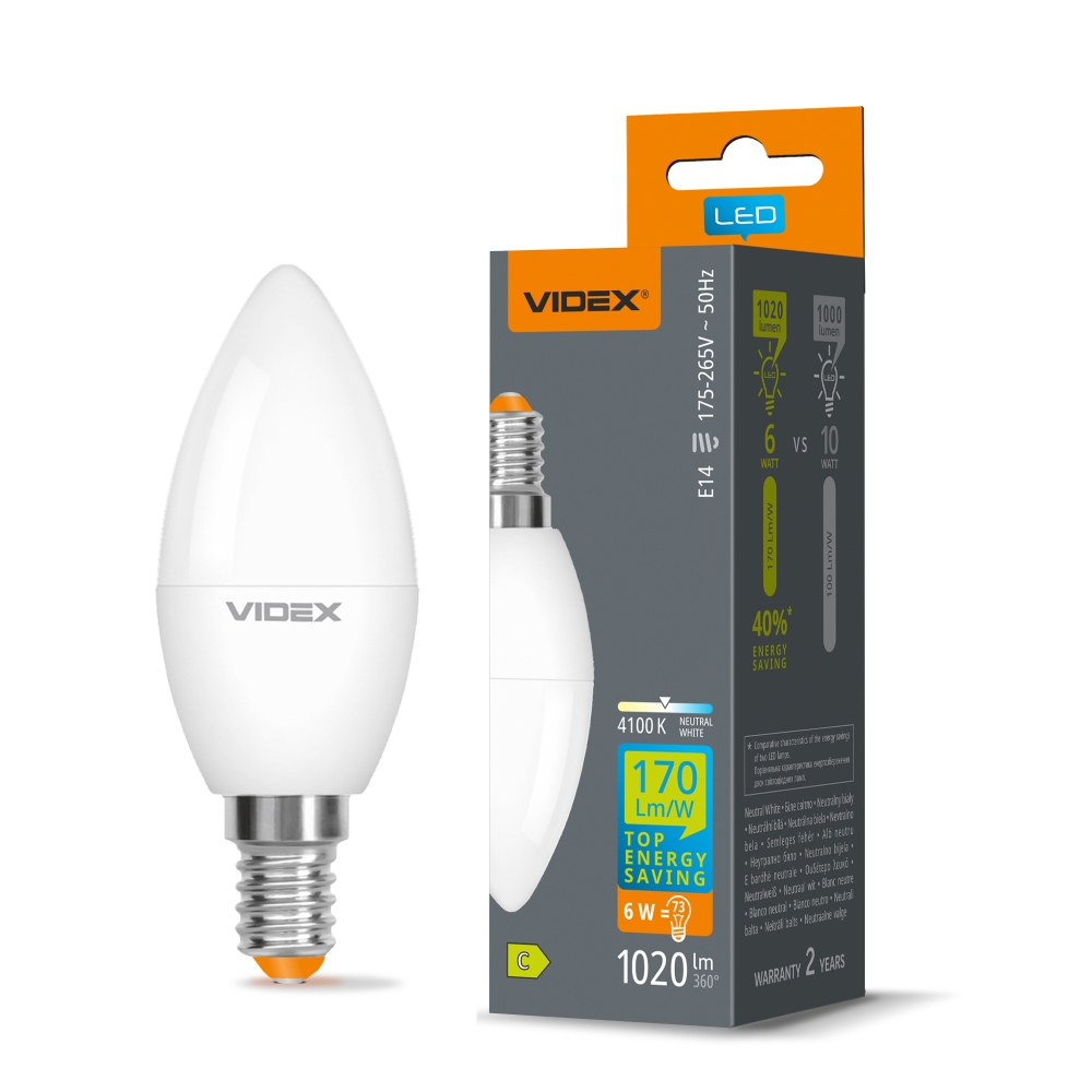 Bec LED VIDEX C37 H Series, E14, 6W, 1020 lm, 4100K, lumina neutra, VL-C37h-06144