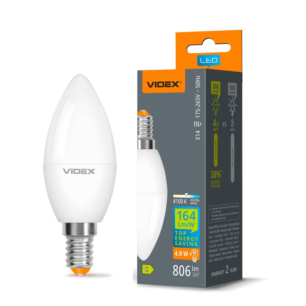 Bec LED VIDEX C37 H Series, E14, 4,9W, 806 lm, 4100K, lumina neutra, VL-C37h-49144