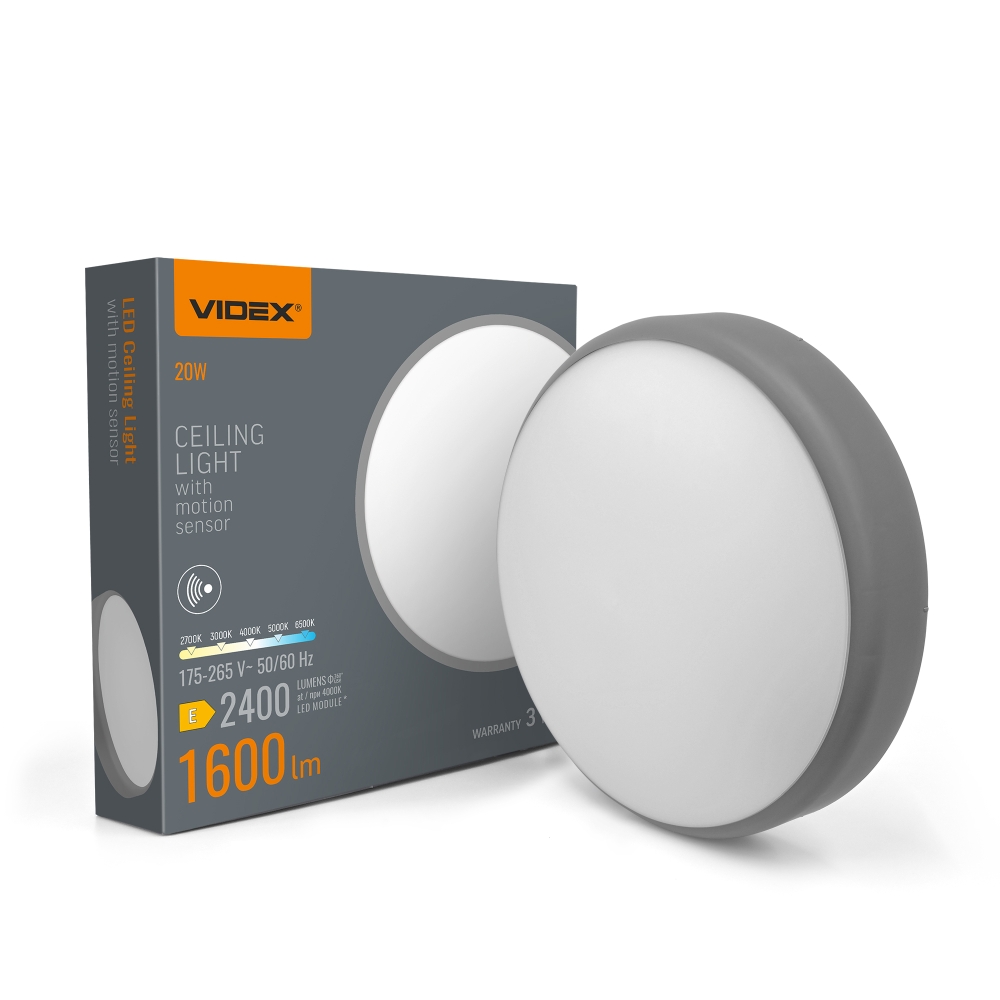 Plafoniera LED VIDEX cu senzor de miscare, 20W / 15W / 10W, 1600 lm, 5CCT, IP44, VL-CLR-200-2G