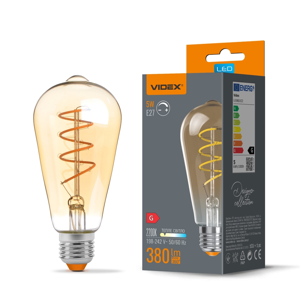 Bec LED filament decorativ VIDEX ST64, E27, 5W, 380 lm, 2200K, dimabil, VL-ST64FASD-05272