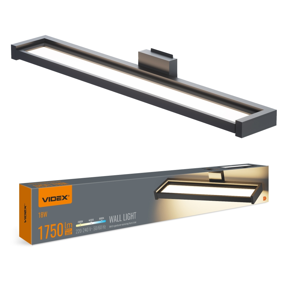 Aplica LED VIDEX WL02 cu senzor gesturi, 18W, 1750 lm, 3CCT 2800K / 4000K / 6000K, neagra, VL-WL02-18CSB