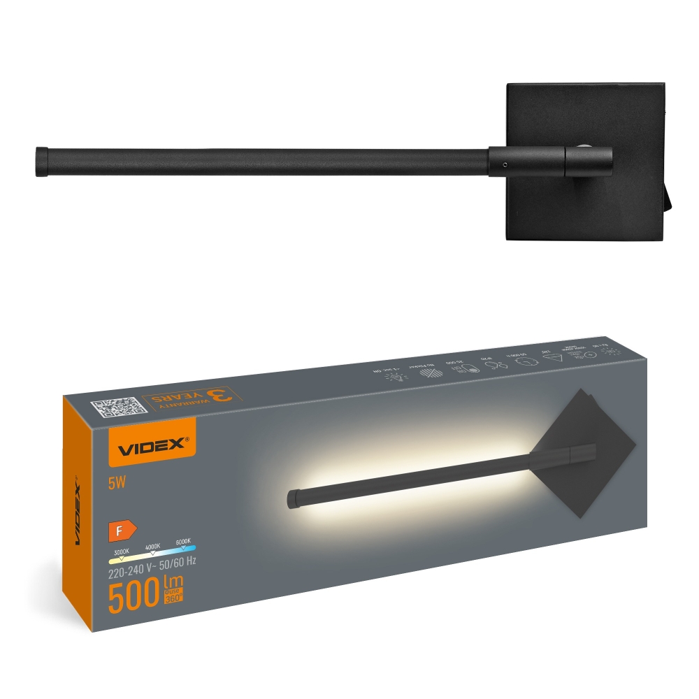Aplica LED VIDEX WL041, 5W, 500 lm, 3CCT 3000K / 4000K / 6000K, neagra, VL-WL041-05CB
