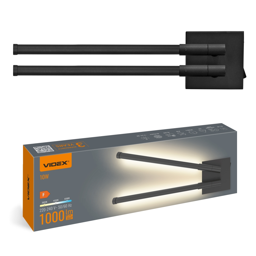 Aplica LED VIDEX WL042, 10W, 1000 lm, 3CCT 3000K / 4000K / 6000K, neagra, VL-WL042-10CB