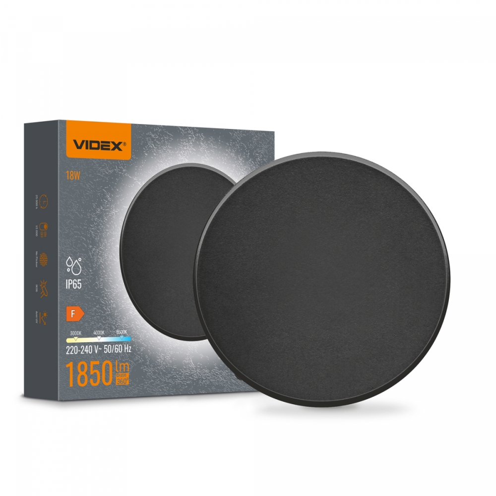 Aplica LED exterior IP65, 18W, 1850 lm, CCT 3000K/4000K/6500K, neagra, VIDEX VL-WL03-18CB