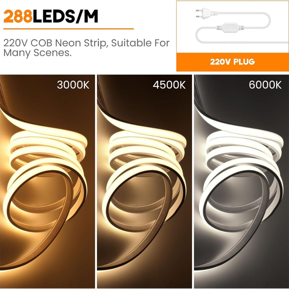banda LED COB 220V, FlexiLum220, 240W 24000Lm, 3000K, 20M cu alimentator inclus