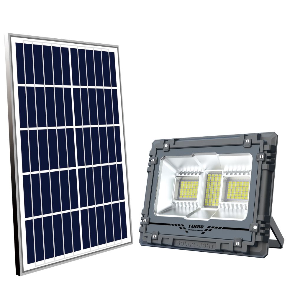Proiector Solar Led 100W, Iluminat Perimetral, cu Panou Solar 5V 15W, Acumulator 12000mA, Led SMD5050 136 buc